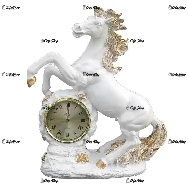 Statueta cal cu ceas alb, din rasina
